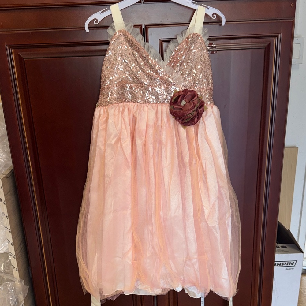 Big Girls Pink Sequin Tulle Party Dress with Floral Accent Easter Wedding blush